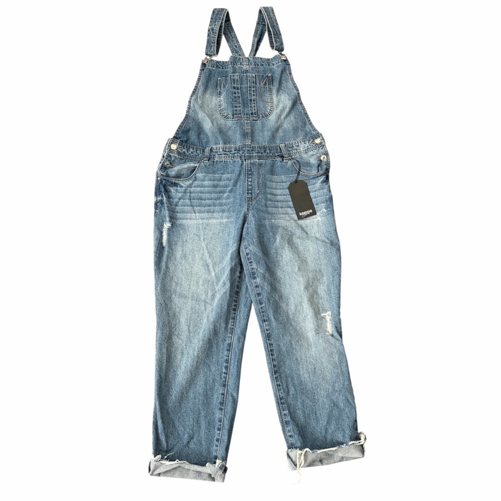 Kenzie Distressed Blue Denim Bib Overalls with raw hem